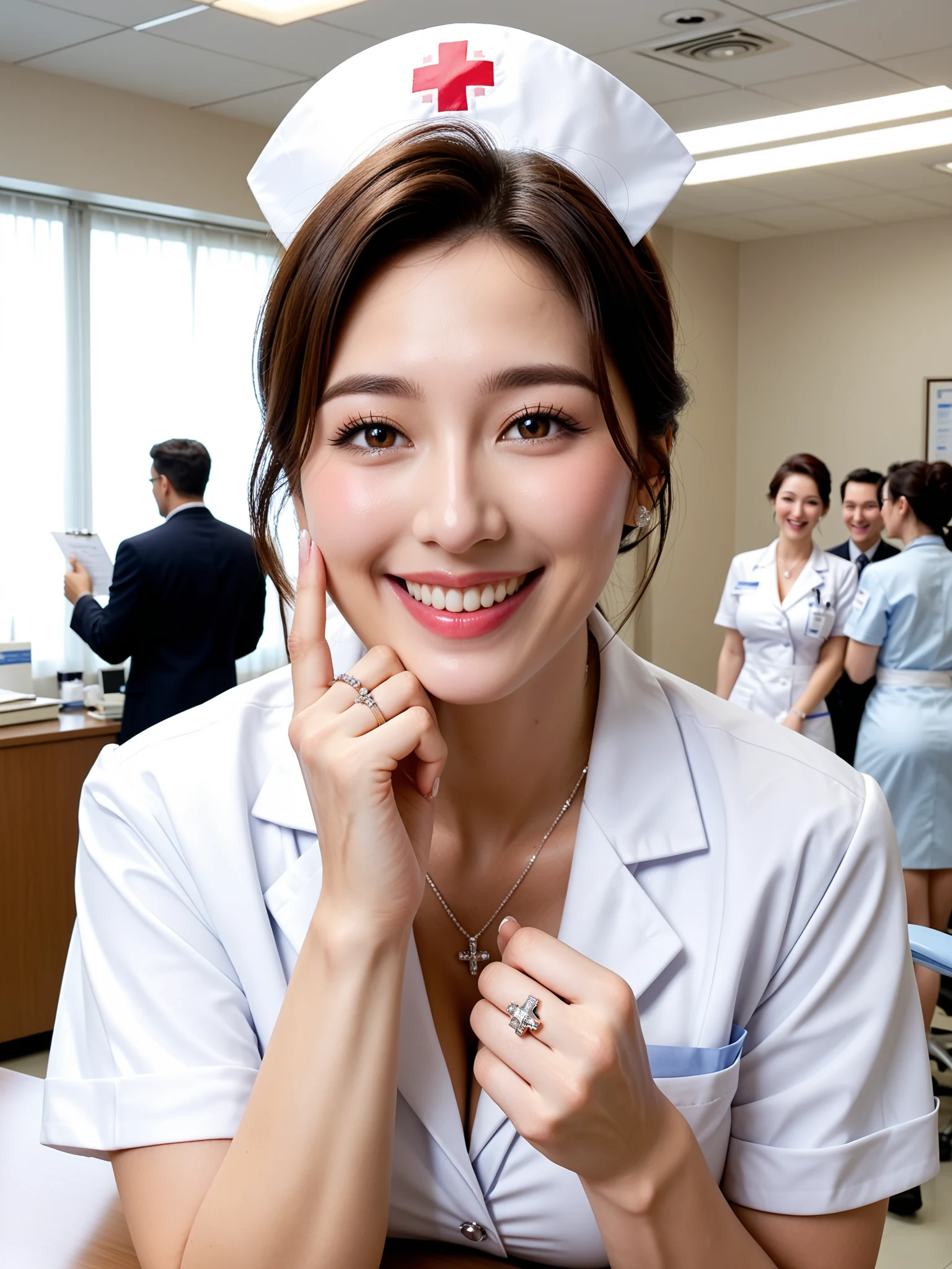 たまらん｜人妻ナース保健室寝取られ｜無料AIエロ画像28枚 - ナース詰所で頬に指を当てる笑顔、背後に同僚がいるのにこの距離