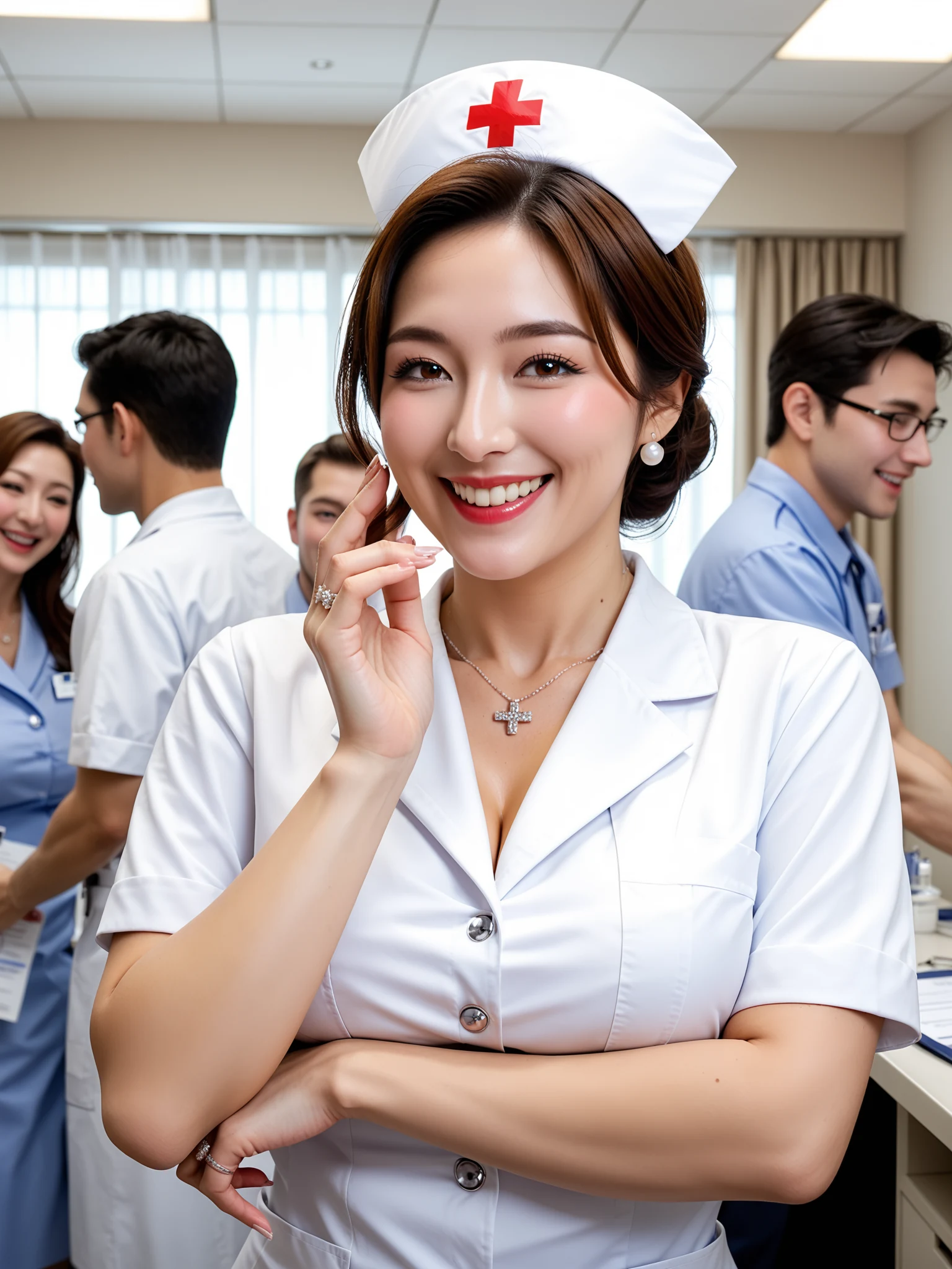 たまらん｜人妻ナース保健室寝取られ｜無料AIエロ画像28枚 - 腕を組んで微笑む余裕の表情、後ろの男女スタッフが霞むこの色気