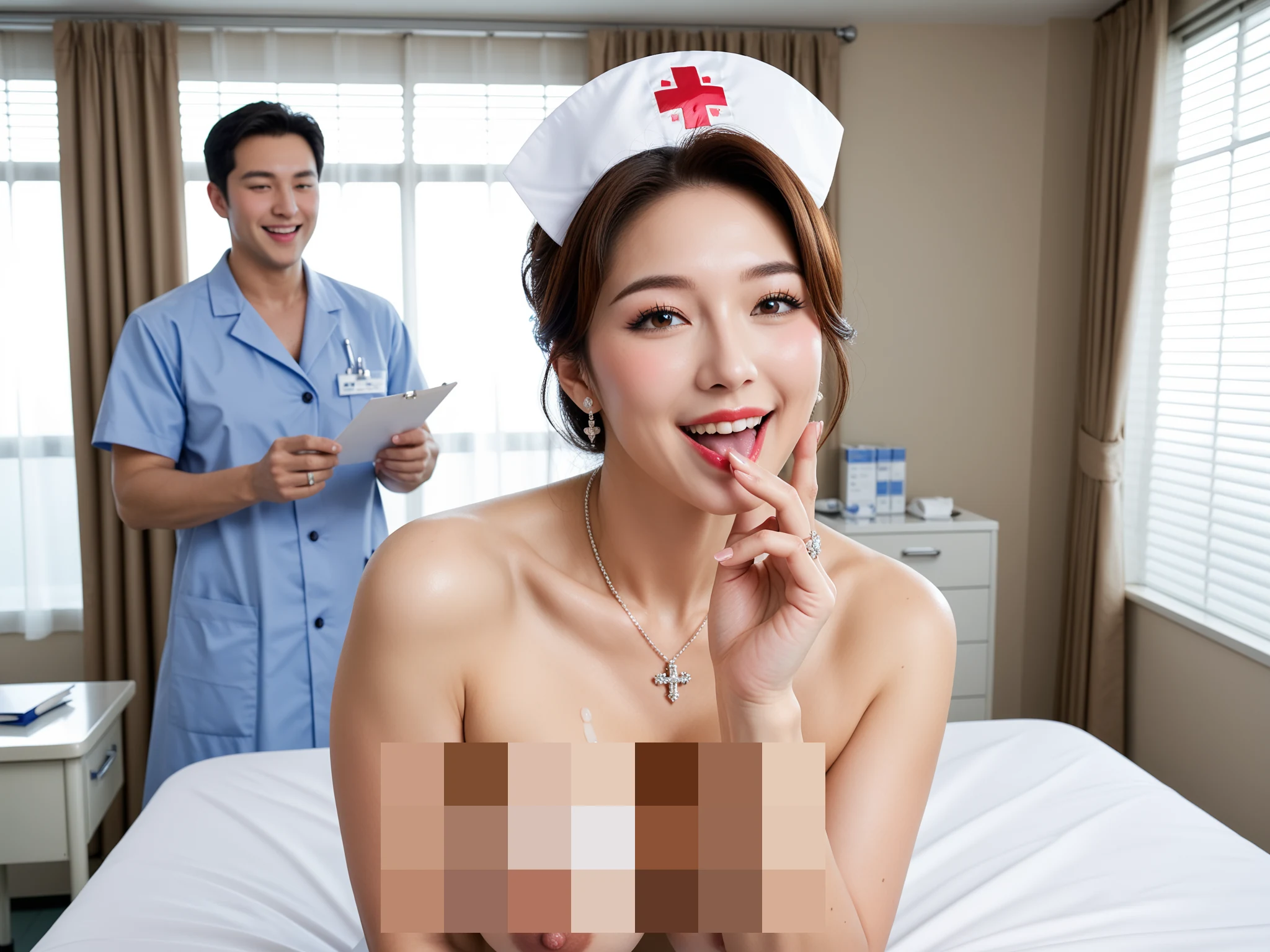 たまらん｜人妻ナース保健室寝取られ｜無料AIエロ画像28枚 - ナースキャップだけの全裸で指を唇に、背後の男がカルテを持って笑ってる