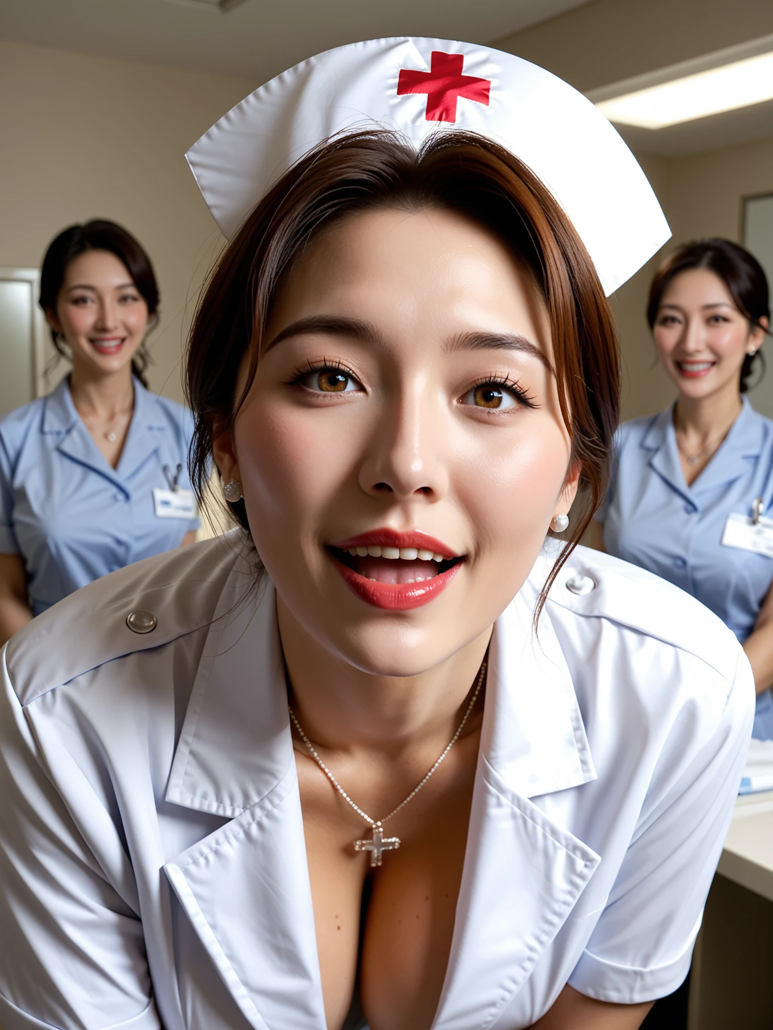たまらん｜熟女ナース保健室寸止め責め｜無料AIエロ画像28枚 - ぐっと近づいてきた前傾アングル、舌を出した表情がもう誘ってる