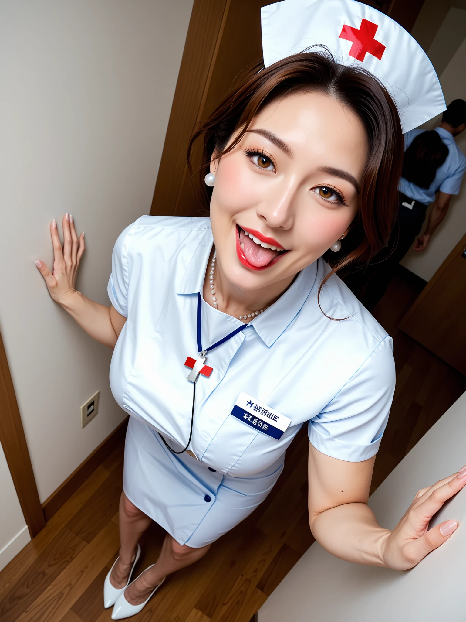 たまらん｜熟女ナース保健室寸止め責め｜無料AIエロ画像28枚 - 俯瞰で見下ろすアングル、舌ペロの表情と全身のラインが色っぽい