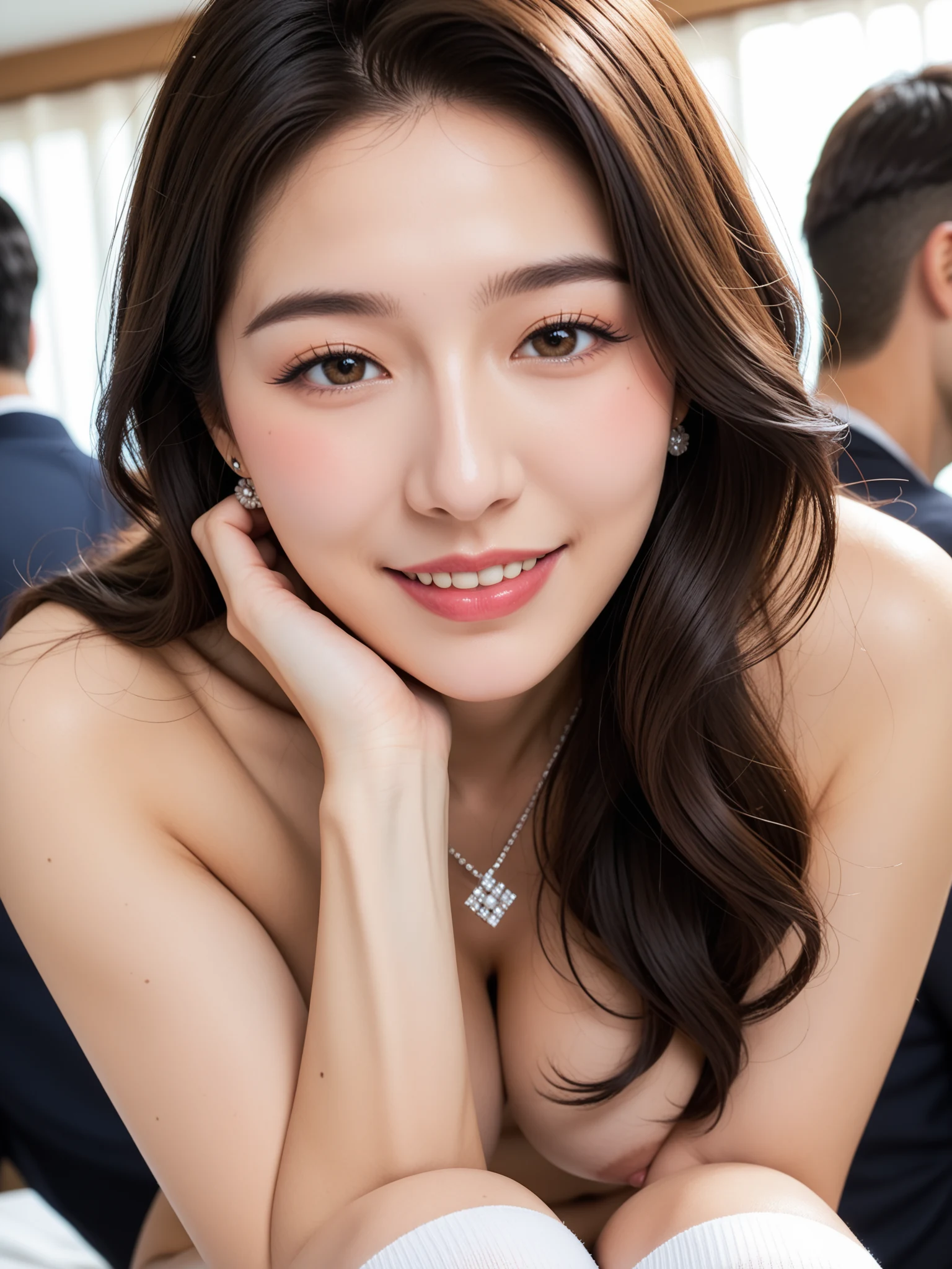 たまらん｜ニーソ友達の母の自宅誘惑｜無料AIエロ画像28枚 - ベッドに腰掛けて脚を組む最後の笑顔、もう友達の母って顔じゃない