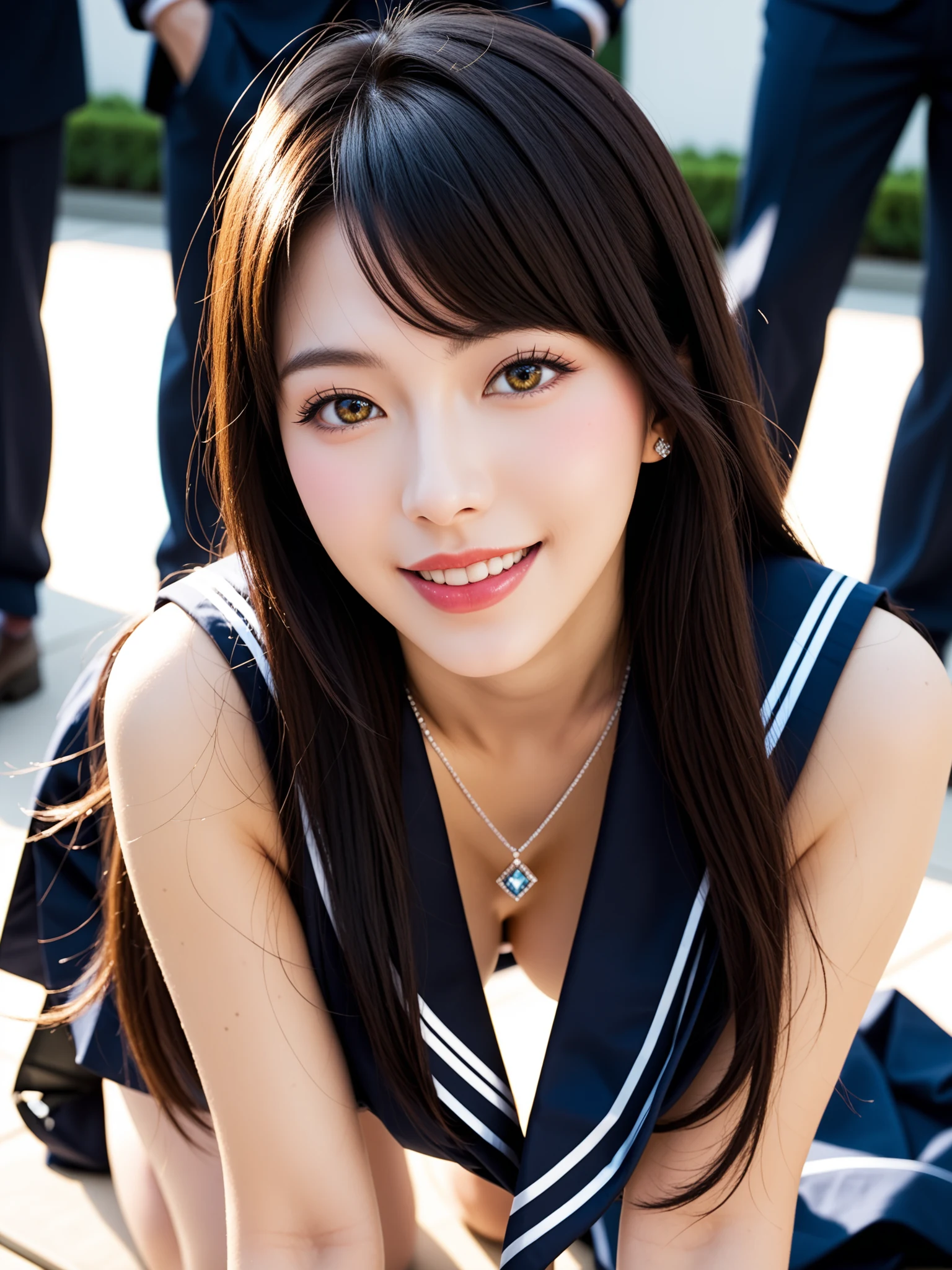 エロすぎ｜黒髪制服JK着替え覗き｜無料AIエロ画像28枚 - セーラー服でしゃがみ、前かがみの谷間を見下ろすアングル