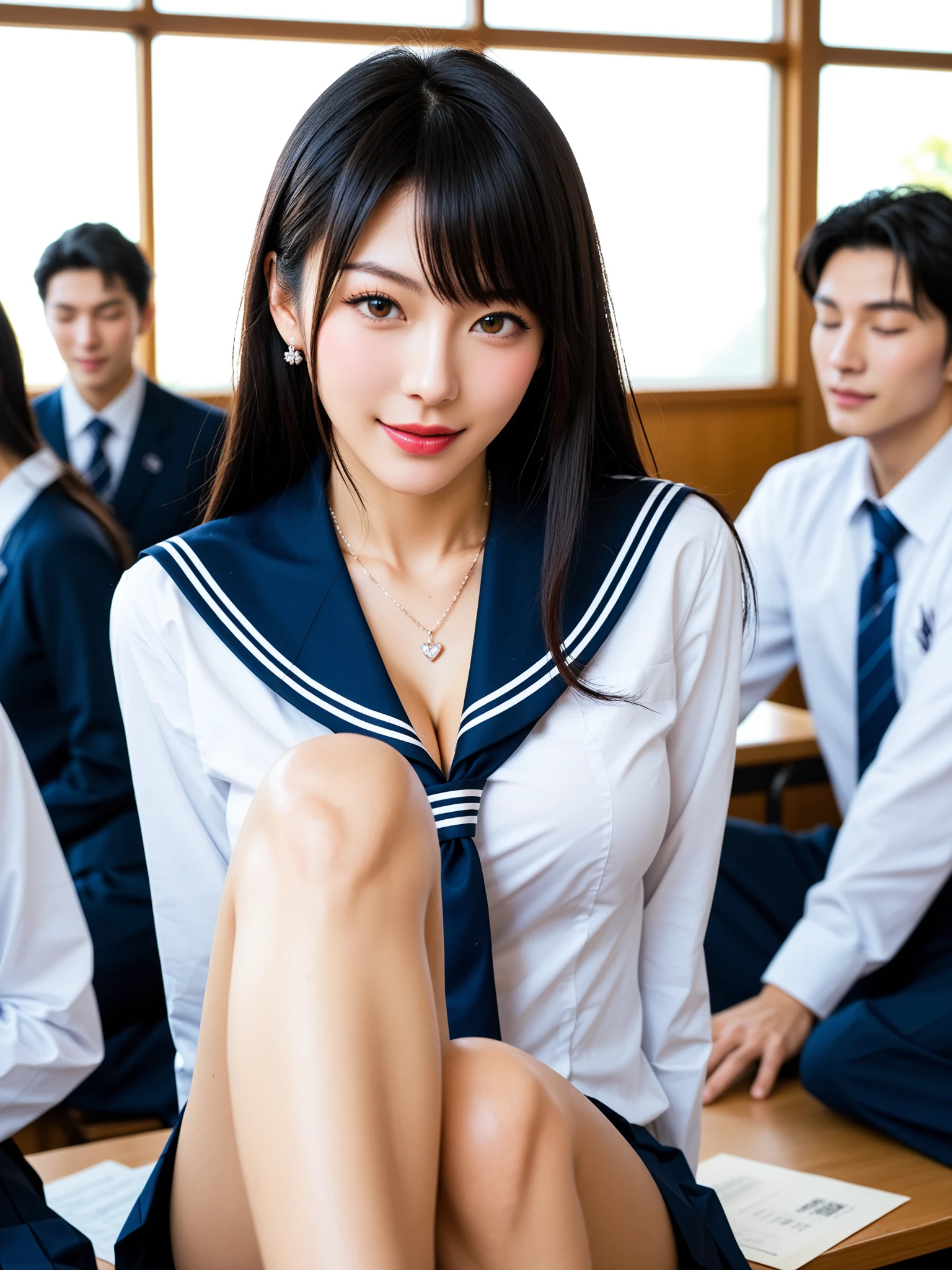 エロすぎ｜黒髪制服JK着替え覗き｜無料AIエロ画像28枚 - ラスト、教室でセーラー服に戻って脚組み、何事もなかった顔