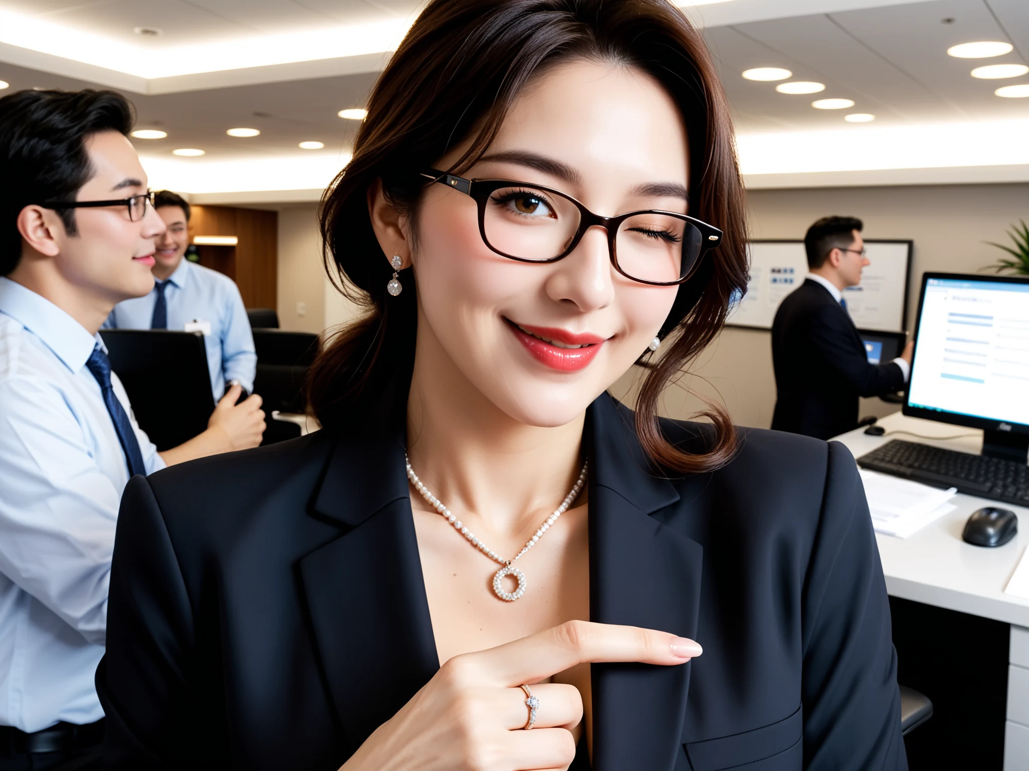 くっそエロい｜眼鏡OL人妻残業寝取られ｜無料AIエロ画像28枚 - ネックレスに触れる仕草、後ろの男が明らかにこっち見てる
