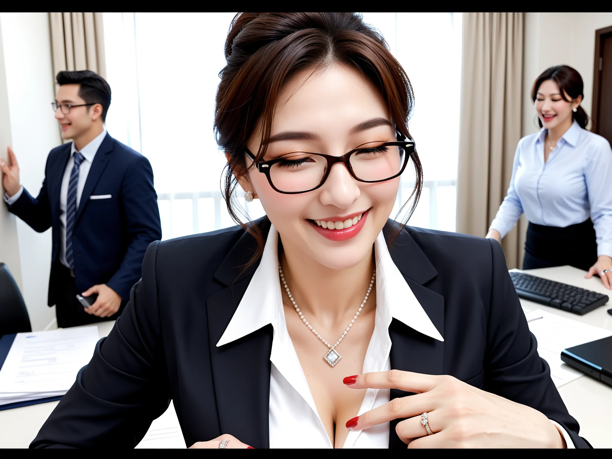 くっそエロい｜眼鏡OL人妻残業寝取られ｜無料AIエロ画像28枚 - 白シャツのボタン付近に赤ネイルの指、背後の同僚の前でこの仕草