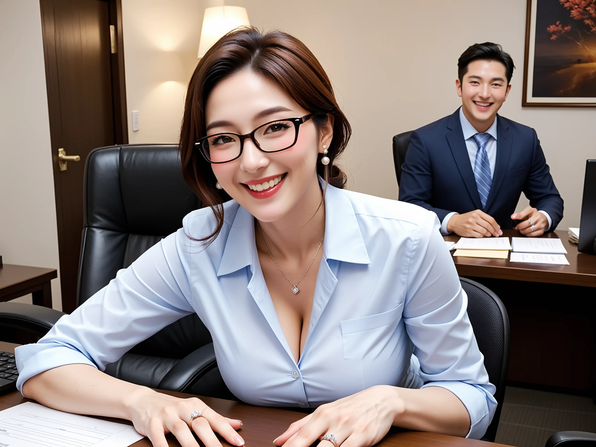 くっそエロい｜眼鏡OL人妻残業寝取られ｜無料AIエロ画像28枚 - 上司の部屋っぽい空間で二人きり、胸元開いたまま笑ってるのが背徳的