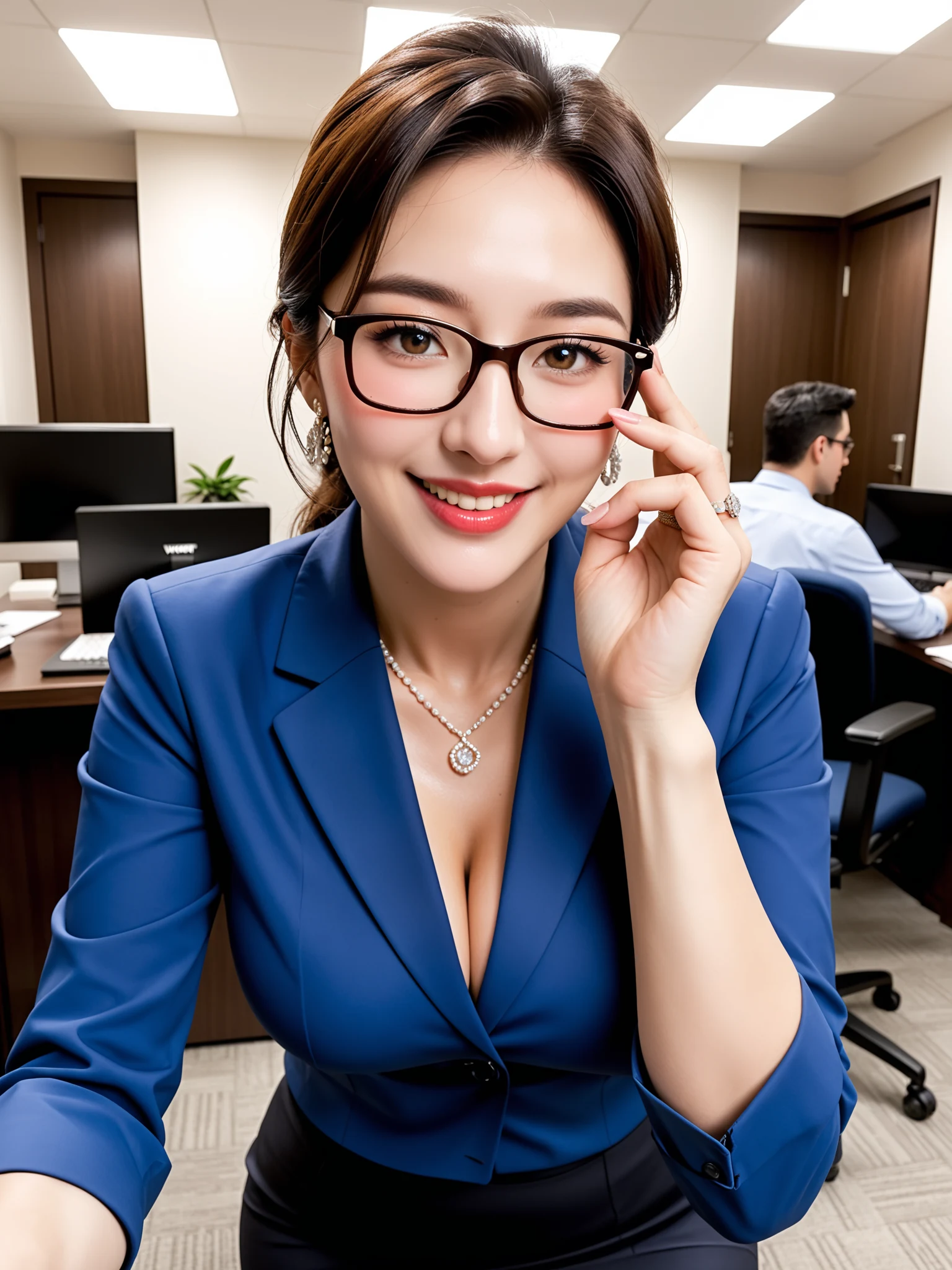 くっそエロい｜眼鏡OL人妻残業寝取られ｜無料AIエロ画像28枚 - 眼鏡のフレームに指をかけて微笑む、この仕草だけで落ちる