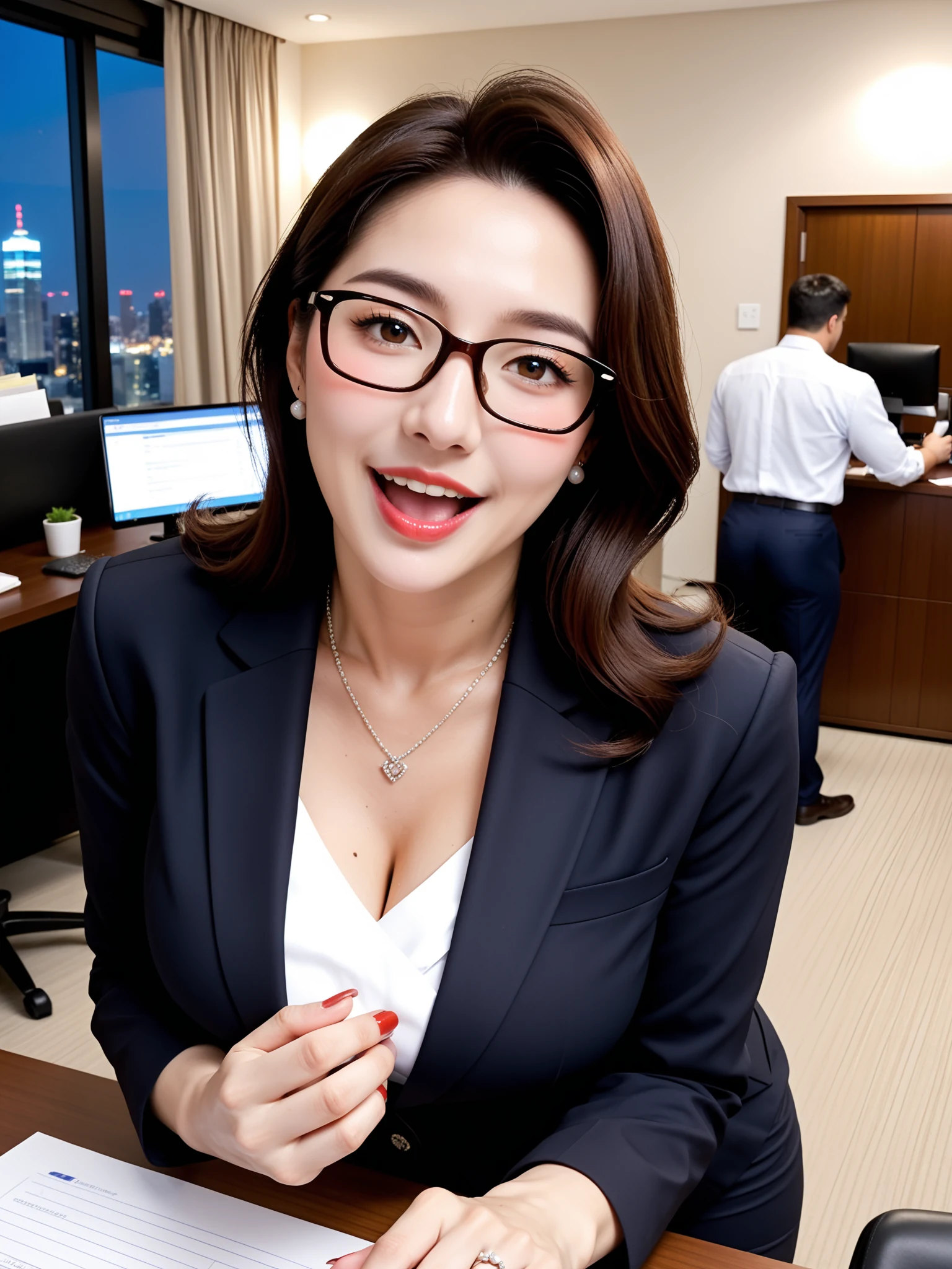 くっそエロい｜眼鏡OL人妻残業寝取られ｜無料AIエロ画像28枚 - 夜景バックで振り返る笑顔、残業帰りにこの顔されたら帰れない