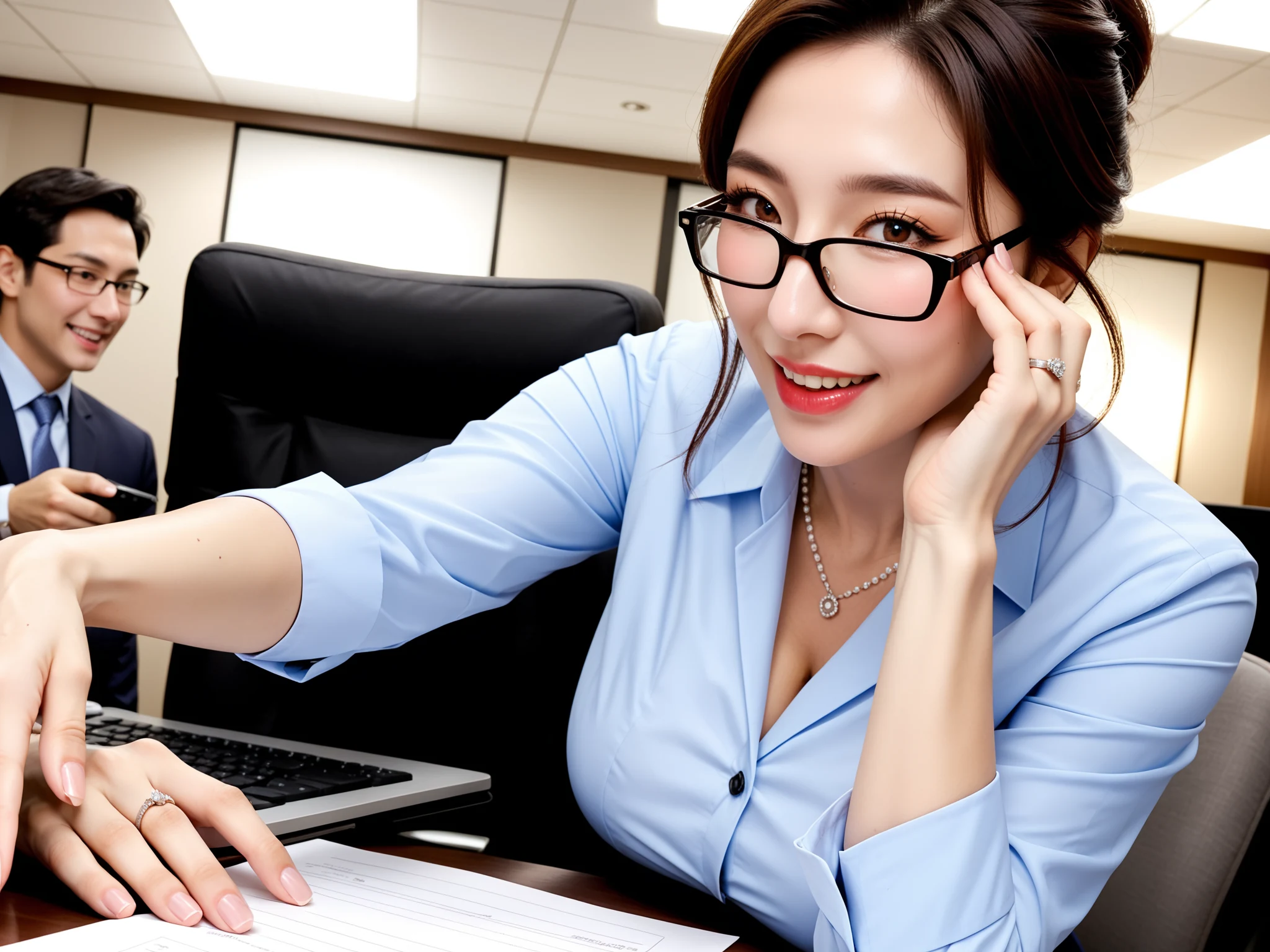 くっそエロい｜眼鏡OL人妻残業寝取られ｜無料AIエロ画像28枚 - 眼鏡を直しながら書類を渡す仕草、この距離で指輪が光るのがたまらない