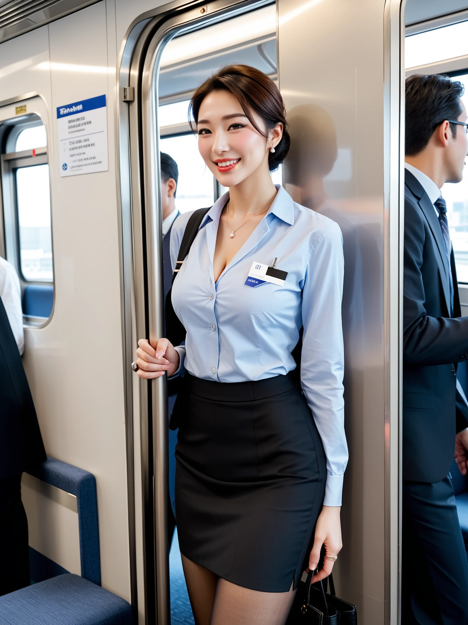 くっそエロい｜黒タイツOL電車痴漢中出し｜無料AIエロ画像28枚 - ドア横に立つきっちりOLスタイル、まだ何も起きてない顔がいい