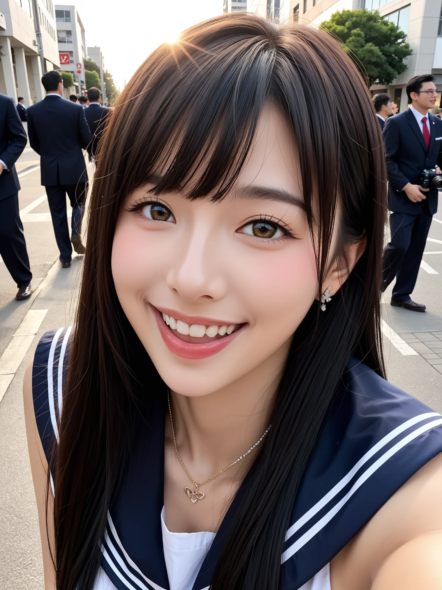 パンチラ天国｜制服JK通学路パンチラ盗撮｜無料AIエロ画像28枚 - サラリーマンの群れの中で自撮り風、この距離感がもう怖い