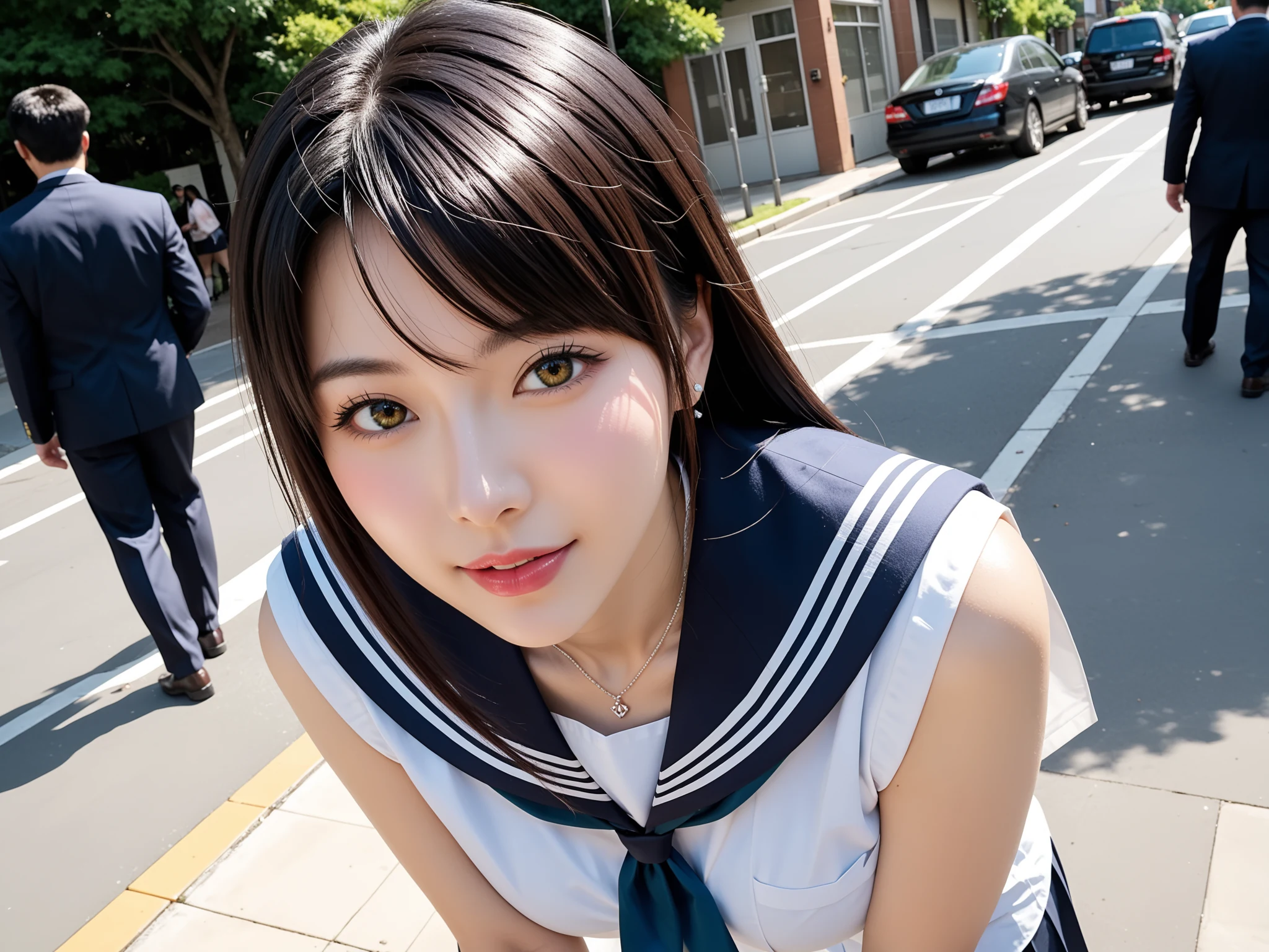 パンチラ天国｜制服JK通学路パンチラ盗撮｜無料AIエロ画像28枚 - 上からのアングルで前かがみ、胸元の谷間に視線が落ちていく