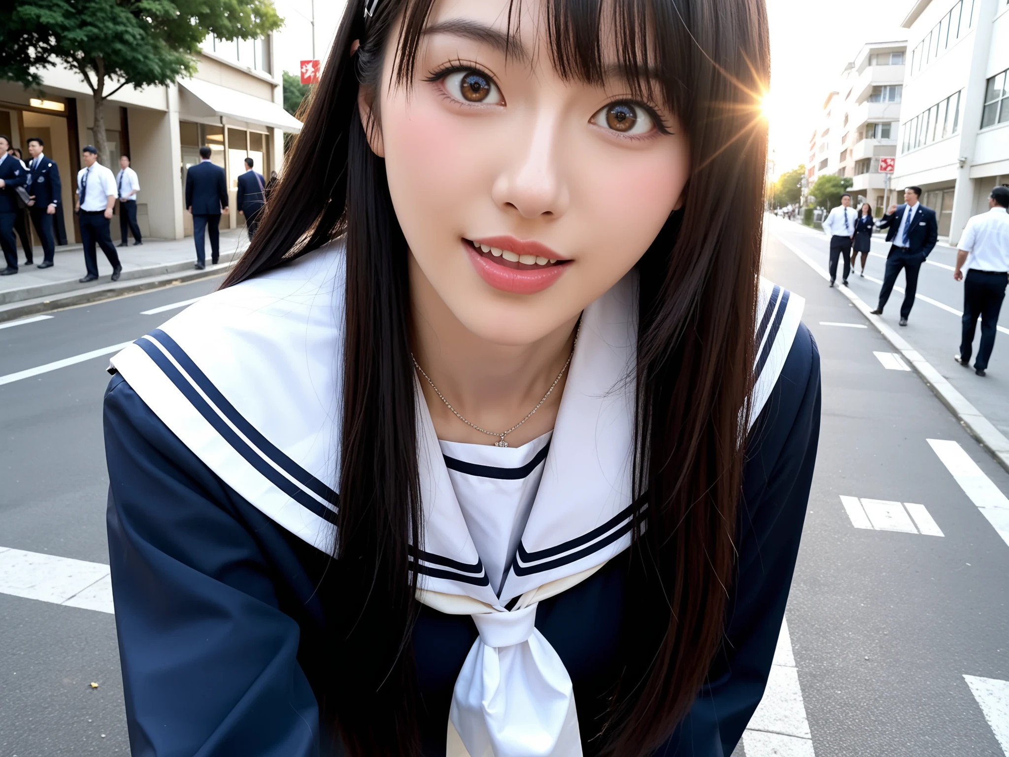 パンチラ天国｜制服JK通学路パンチラ盗撮｜無料AIエロ画像28枚 - ぱっちり目を見開いて前かがみ、覗き込まれてる感覚に興奮する