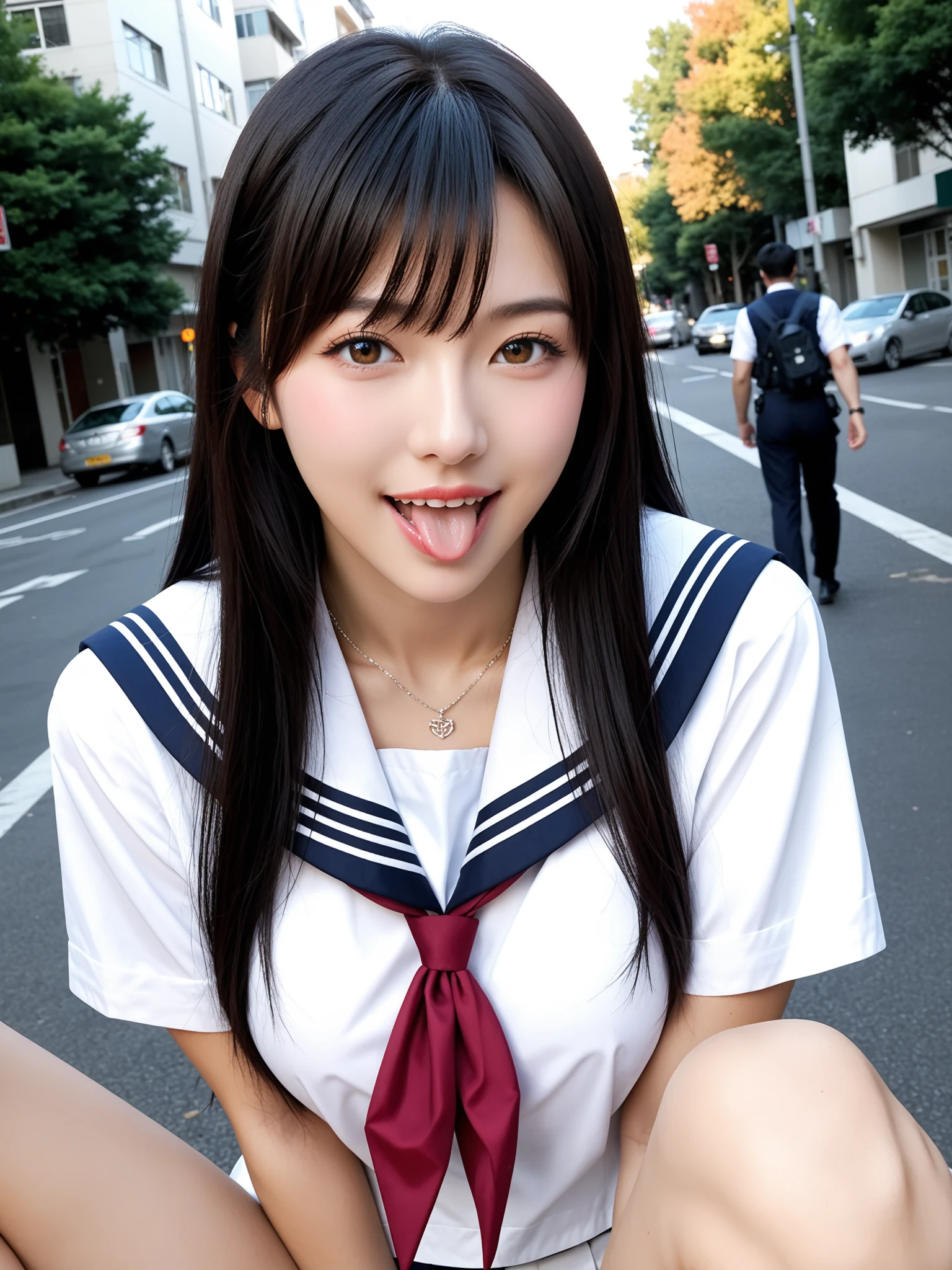 パンチラ天国｜制服JK通学路パンチラ盗撮｜無料AIエロ画像28枚 - 舌をちょっと出してしゃがみ気味、赤リボンの結び目の下がエロい