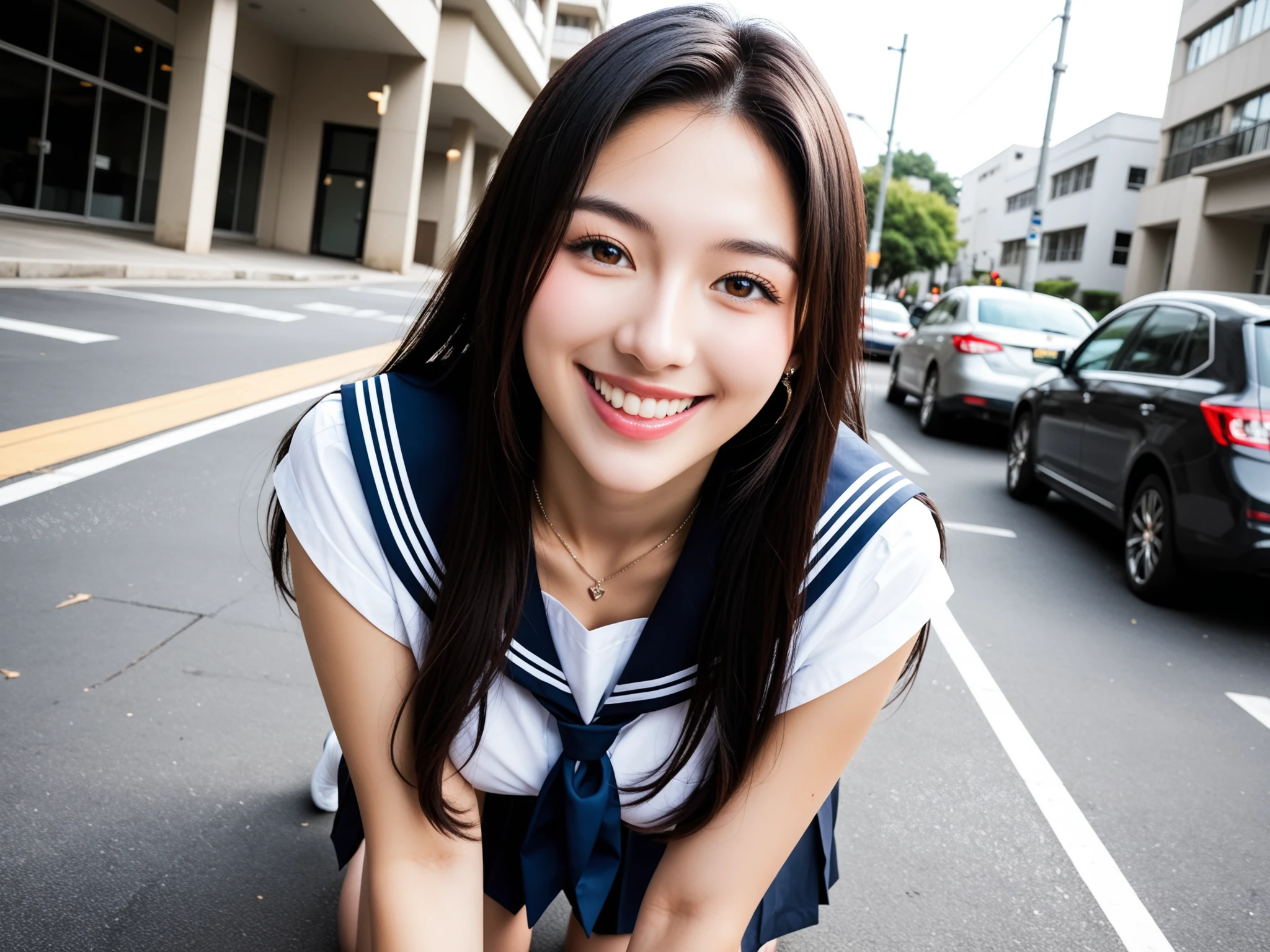 パンチラ天国｜制服JK通学路パンチラ盗撮｜無料AIエロ画像28枚 - 路上でかがみ込んだ上からのアングル、胸元がガバッと開いてる