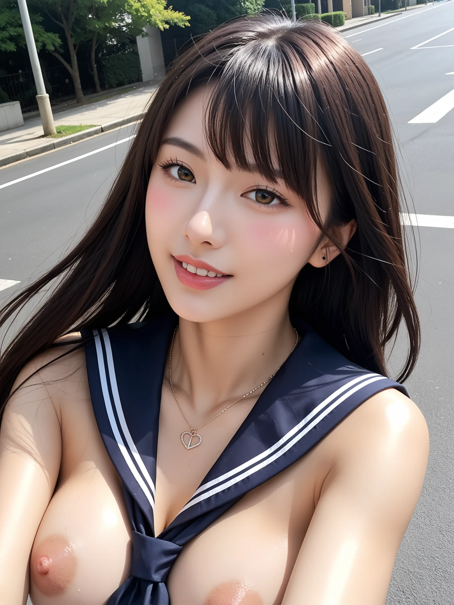 パンチラ天国｜制服JK通学路パンチラ盗撮｜無料AIエロ画像28枚 - 並木道で襟元だけのセーラー、胸があらわになった逆光がたまらない