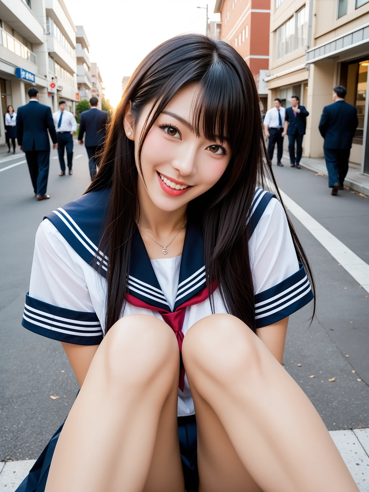 パンチラ天国｜制服JK通学路パンチラ盗撮｜無料AIエロ画像28枚 - 体育座りで太ももが全開、スカートの奥の白に釘付けになる