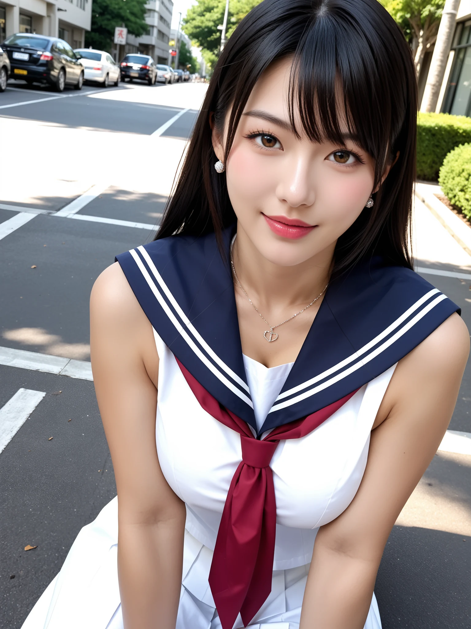 パンチラ天国｜制服JK通学路パンチラ盗撮｜無料AIエロ画像28枚 - 赤リボンの制服で前かがみのラストカット、胸元の迫力で締めてくる