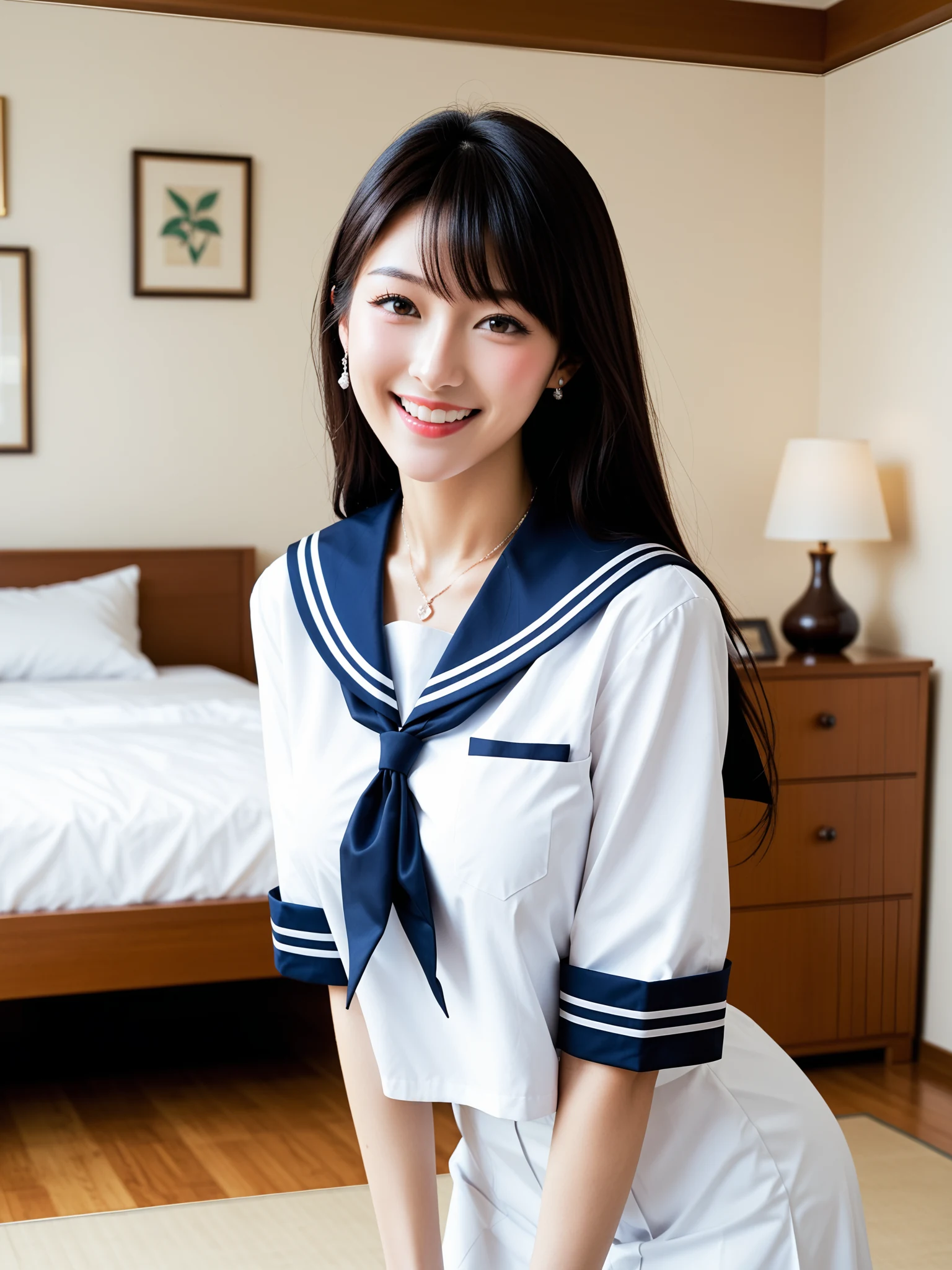 エロすぎ｜清楚JKの自宅寸止めじらし｜無料AIエロ画像28枚 - ベッドの前に立って笑う清楚な顔、制服のラインがきれいに出てる