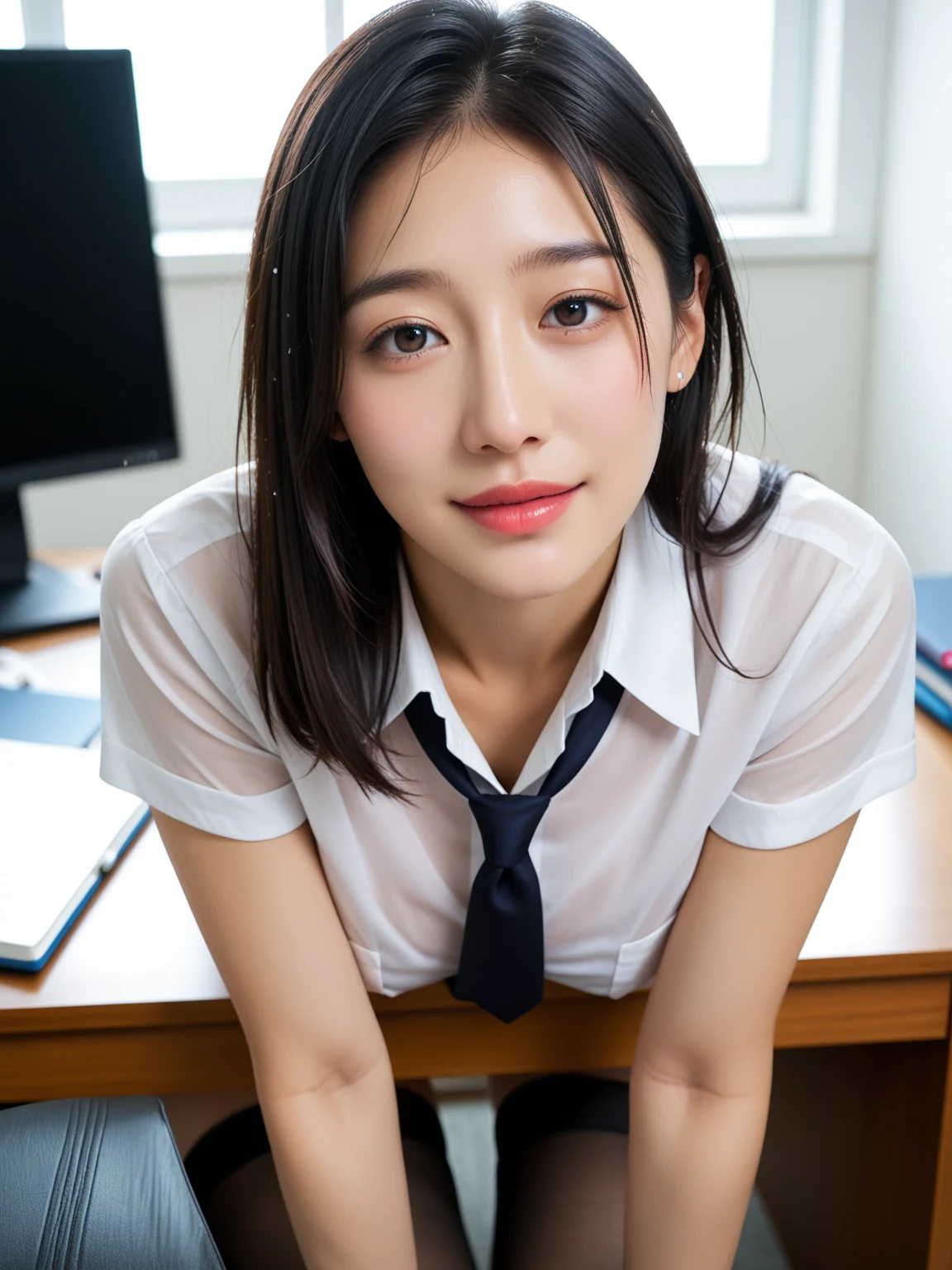 エロすぎ｜黒タイツ受付嬢がオフィスで誘惑｜無料AIエロ画像22枚 20/22